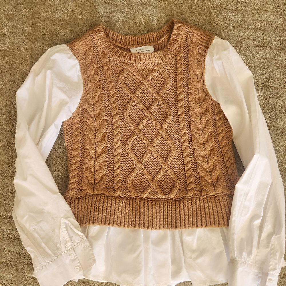 Anthropologie Sweater Vest & Blouse Layered Top, Size Small, Tan and White